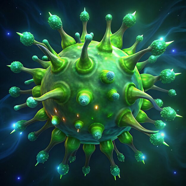 Una partícula verde vibrante parecida a un virus está representada con numerosas protuberancias