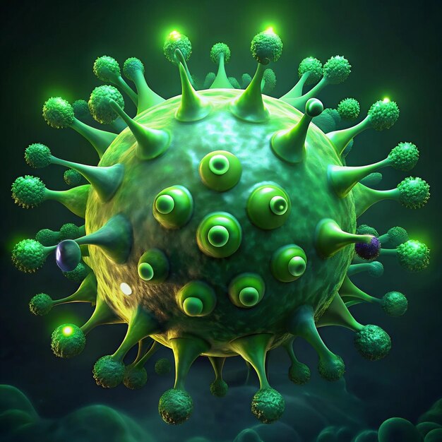 Una partícula verde vibrante parecida a un virus está representada con numerosas protuberancias