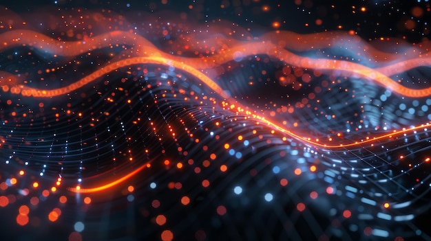 Las partículas brillantes naranjas y azules forman ondas contra un fondo oscuro