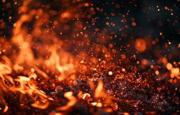 Partículas de carbón ardiente en un fondo negro fuego chispas de llama chispas en fondo oscuro