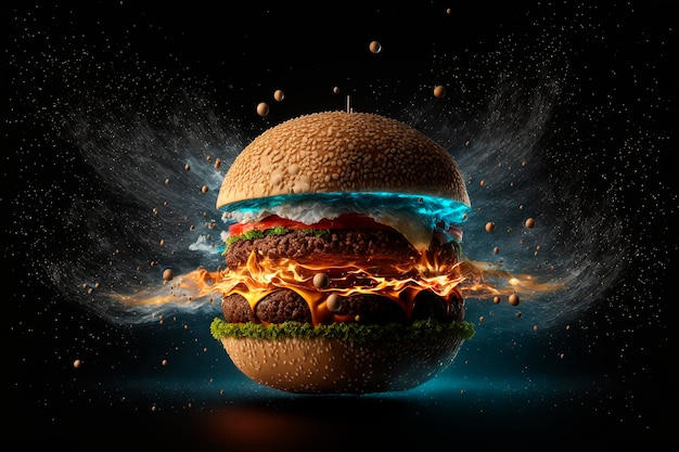 Partículas cayendo encima de una deliciosa hamburguesa de ternera con explosión