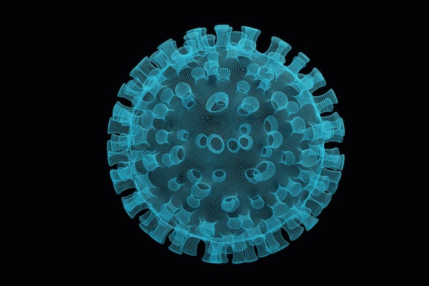 Partículas de coronavirus hechas de malla estructurada cian sobre fondo negro