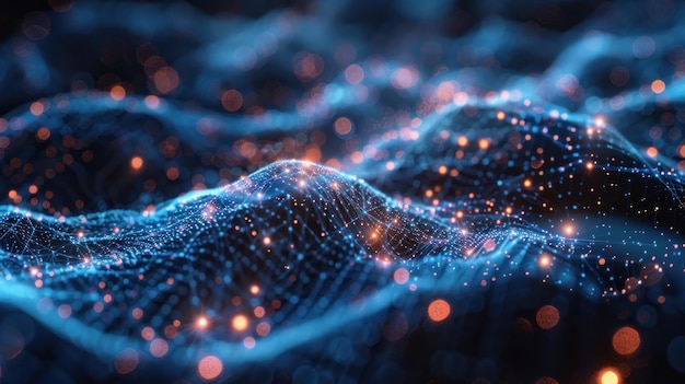 Partículas de datos abstractas entrelazadas con superficies metálicas que forman un mosaico futurista y digital de fondo moderno