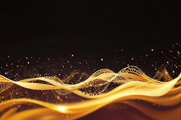 Partículas digitales flujo de onda de color dorado fondo abstracto