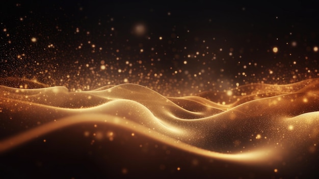 Las partículas digitales de oro onda y luz fondo abstracto con puntos brillantes estrellas