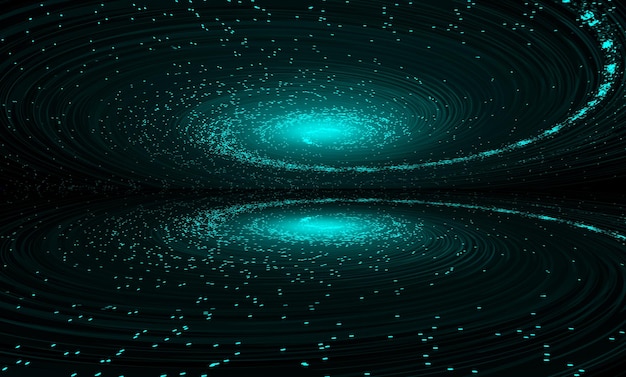 Partículas e linhas azuis brilhantes formam redemoinhos cósmicos e imagens de espelho