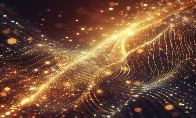 Partículas electrónicas de oro Onda abstracta y fondo de luz con partículas de polvo estelar de piso brillante