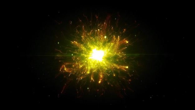 Partículas espaciales futuristas amarillas y naranjas en una esfera espacial de estructura de energía redonda y brillante