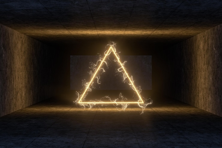 Foto las partículas con forma geométrica en un cuarto oscuro 3d renderizado