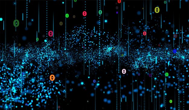 Partículas de luz azul de tecnología digital abstracta 3D sobre fondo negro