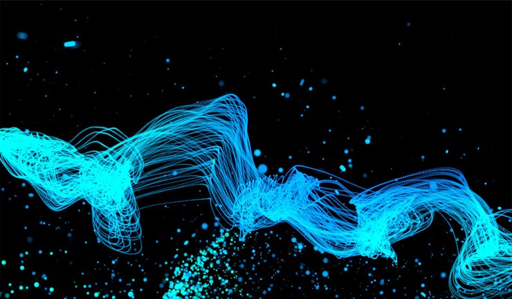 Foto partículas de luz azul de tecnología digital abstracta 3d sobre fondo negro