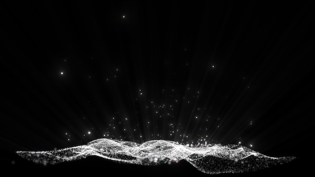 Partículas de luz de brillo en blanco y negro y haz de rayos de luz de brillo partículas parpadeantes de fondo aislado negro abstracto con efecto bokeh Representación 3D