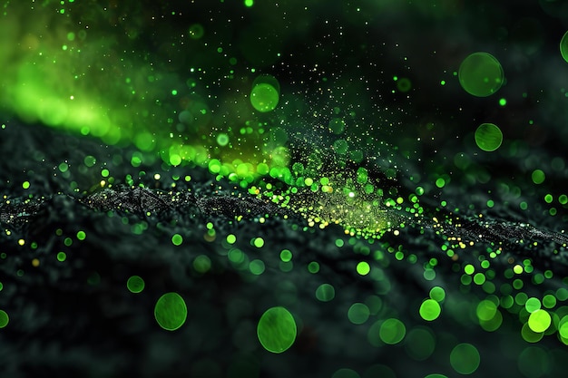 Partículas verdes brillantes en un fondo de textura oscura