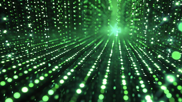 Las partículas verdes brillantes forman un espacio digital futurista Visualización de grandes datos Renderización en 3D