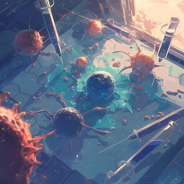 Particulas de virus de investigación de vanguardia y equipos de laboratorio en una superficie de vidrio científica