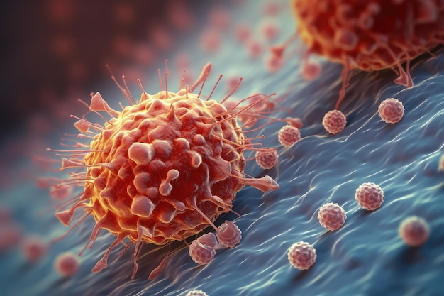 Partículas del virus del VIH brotando de los linfocitos T IA generativa celular