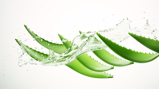 Las partículas voladoras de aloe vera contra un lienzo blanco representan un concepto de cuidado de la piel