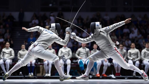 Foto un partido de esgrima dinámico e intenso entre dos competidores hábiles, ambos vestidos con trajes tradicionales.