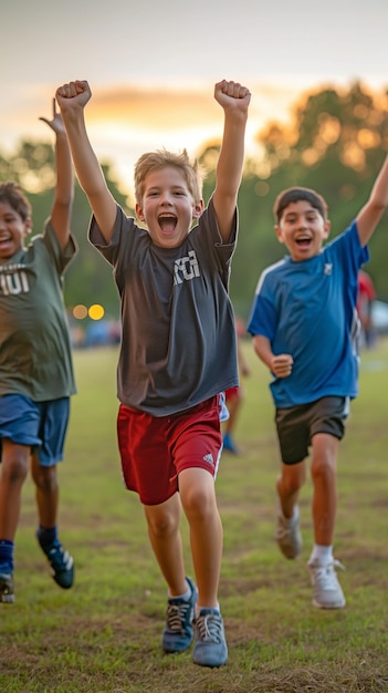 Foto durante un partido de fútbol escolar tres chicos celebran