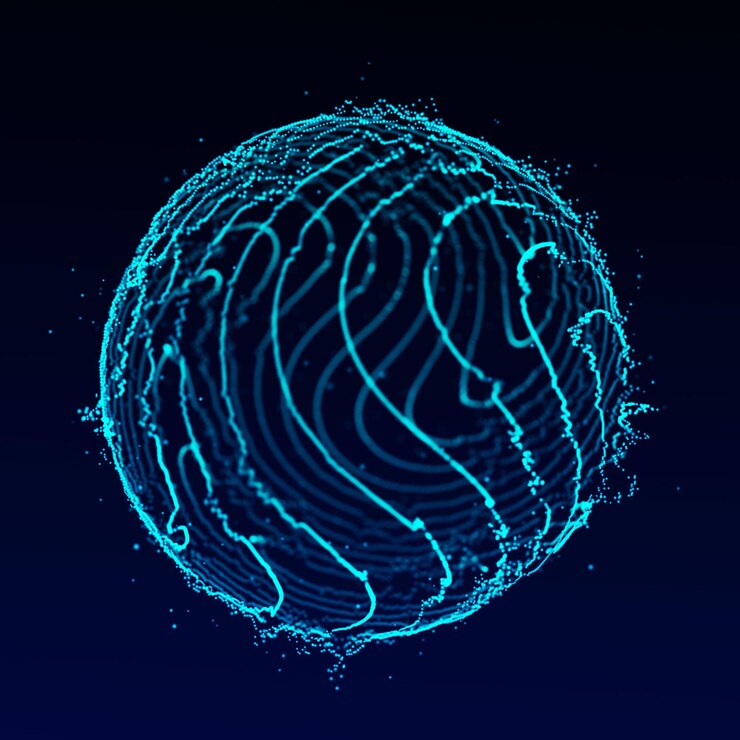 Partikelsphäre Globale Netzwerkverbindung 3D-Rendering im futuristischen Technologiestil