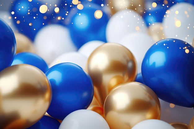 Party-Ballons Hintergrund goldene und blaue Ballons Hintergrund mit Konfetti und Bokeh-Hintergründen Ai generiert