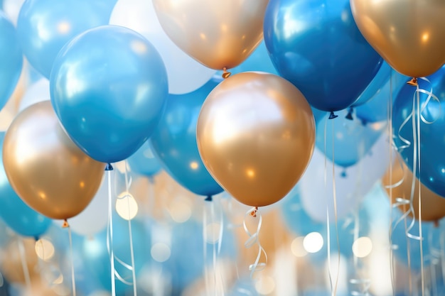 Party-Ballons Hintergrund goldene und blaue Ballons Hintergrund mit Konfetti und Bokeh-Hintergründen Ai generiert