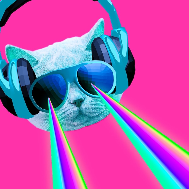 Party DJ Cat mit Regenbogenlasern aus den Augen. Minimale Collagen-Clubbing-Kunst