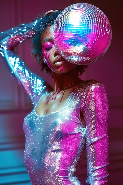 Party-Frau mit rosa Gesicht ist in Flüssigkeiten bedeckt hält glänzende Disco-Ball-Party Glitter-Kleid im Stil der futuristischen Sci-Fi-Ästhetik ai generiert yperrealistische Porträts Aurorapunk-Stil