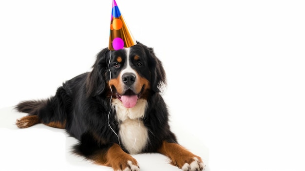 Party Pup Um delicioso cão de montanha bernês vestindo um chapéu festivo em um fundo branco brilhante AR