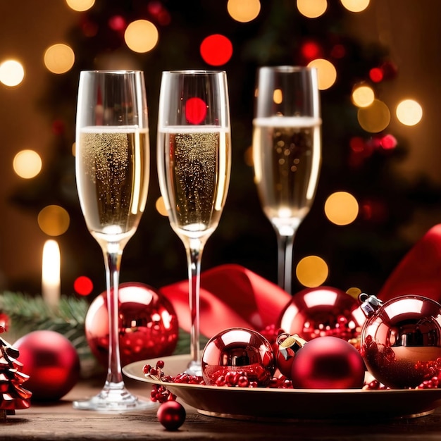 Party-Tisch mit Champagner und Weihnachtsschmuck