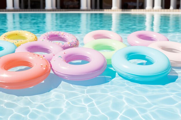 Foto party-vibe schwimmbad geschmückt mit pastellfarbenen floats