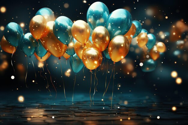 Partyballons und Glühbirnen in blauer und goldener Farbe, Feier-Party-Hintergrund