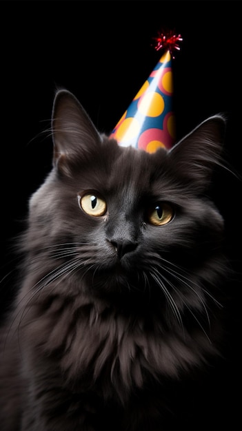 Partybereite Katze mit schwarzem Hintergrund und Geburtstagshut
