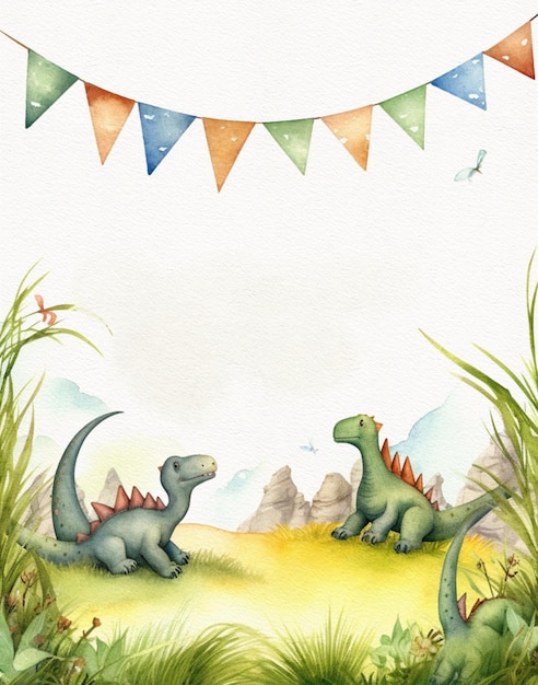 Partyeinladung für Kinder 039 mit niedlichen Aquarell-Dinosauriern im Dschungel