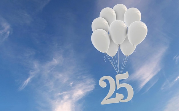 Partyfeier der Nummer 25 Nummer, die an einem Haufen weißer Luftballons gegen den blauen Himmel befestigt ist