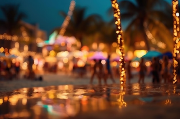 Partystrand. Verschwommene Menschen, die im Sommer eine nächtliche Strandparty feiern