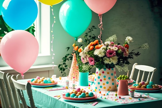 Partytisch auf Indoor-Geburtstagsfeier mit Blumenballons und Konfetti