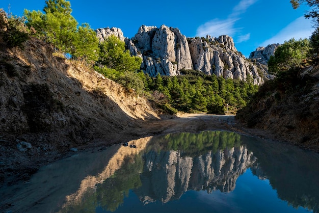 Pas del Contador Camino de tierra vacío sobre arenisca Barranc de LArc Sella Alicante provincia Costa Blanca