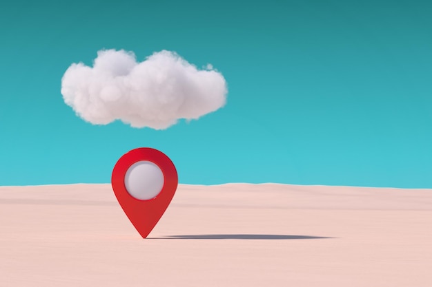 Pasador de puntero de mapa de destino rojo bajo la nube en la representación 3d del desierto