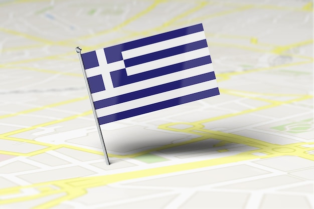 Foto pasador de ubicación de la bandera nacional de grecia pegado en un mapa de carreteras de la ciudad 3d rendering