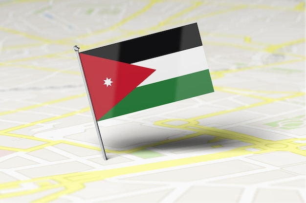 Pasador de ubicación de la bandera nacional de Jordania pegado en un mapa de carreteras de la ciudad 3D Rendering