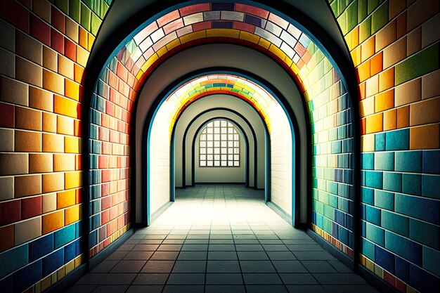 Pasaje de arco brillante con ventanas arqueadas en paredes de azulejos