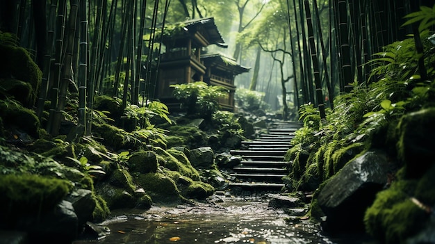 Pasaje místico Majestuoso camino del bosque de bambú en Kioto, Japón, en medio de altos tallos