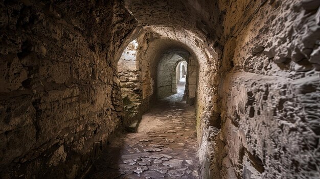 Pasaje subterráneo secreto que conduce al corazón de un castillo medieval Lugar sombrío fantasmas polvo túnel secreto paranormal medieval gótico ruinas humedad misticismo miedo generativo por IA