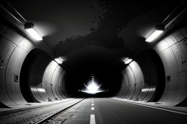 El pasaje subterráneo del túnel largo y lejano con luces escena de tiro al estilo blanco y negro