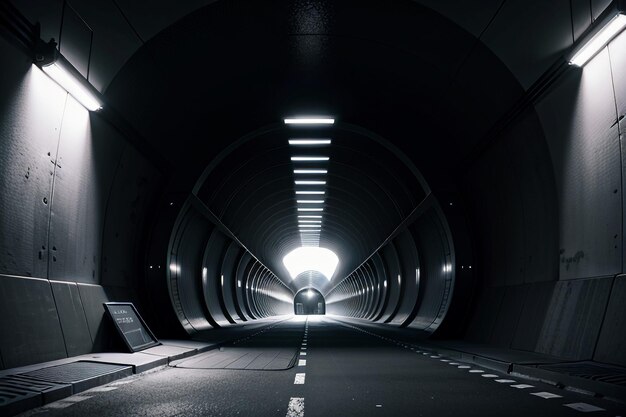 El pasaje subterráneo del túnel largo y lejano con luces escena de tiro al estilo blanco y negro