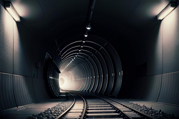 Foto el pasaje subterráneo del túnel largo y lejano con luces escena de tiro al estilo blanco y negro