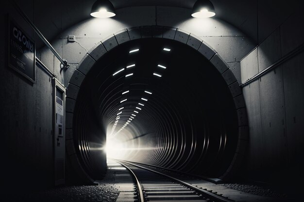 Foto el pasaje subterráneo del túnel largo y lejano con luces escena de tiro al estilo blanco y negro