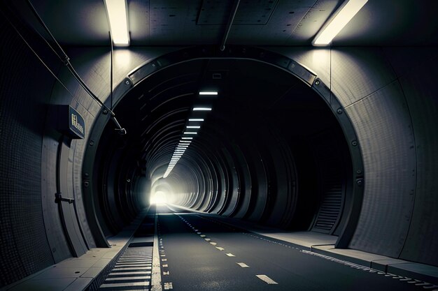 Foto el pasaje subterráneo del túnel largo y lejano con luces escena de tiro al estilo blanco y negro