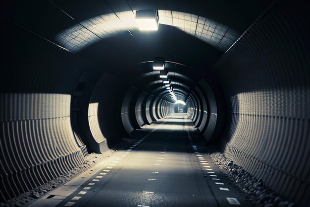 El pasaje subterráneo del túnel largo y lejano con luces escena de tiro al estilo blanco y negro